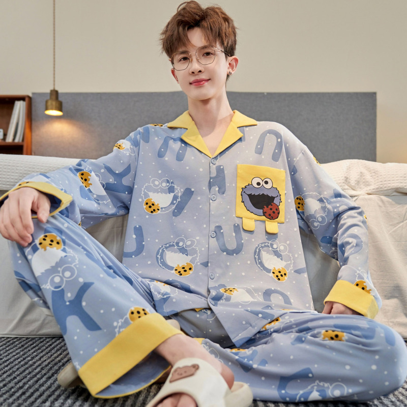 Men's Pajamas Spring and Autumn Style Pure Cotton Long-Sleeved Youth Cartoon Animation Autumn and Winter Thin Cardigan Home Wear Set Men's Pajamas Spring and Autumn Style Pure Cotton Long-Sleeved Youth Cartoon Animation Autumn and Winter Thin Cardigan Home Wear Set