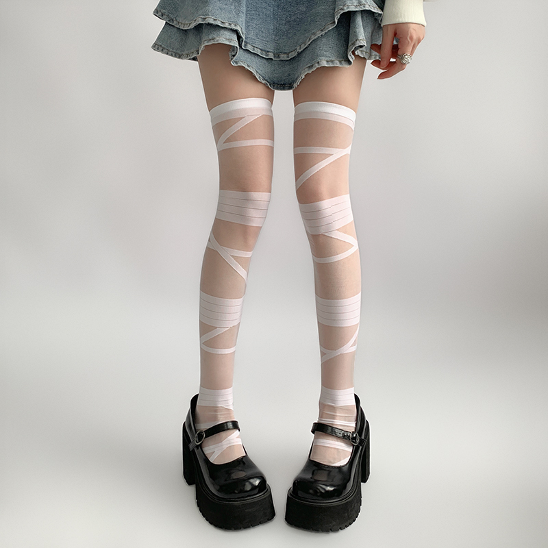 Nighttime Classroom Strappy Stockings for Women, Summer Thin White Lolita Socks, Subculture Over-The-Knee Socks, Y2K White Stockings