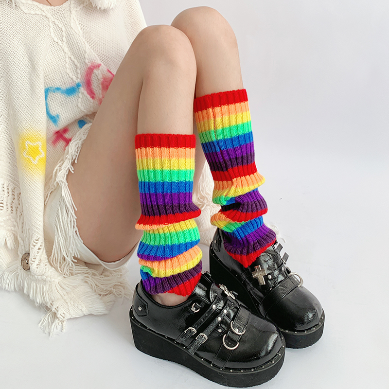 Nighttime Classroom Knitted Sock Covers, Spring and Autumn Mid-Calf Socks for Women, Rainbow Leg Warmers, Colorful Striped Calf Socks