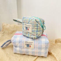 Korea ins three-dimensional plaid cheese tofu bag cosmetic bag travel portable cute storage bag tote bag