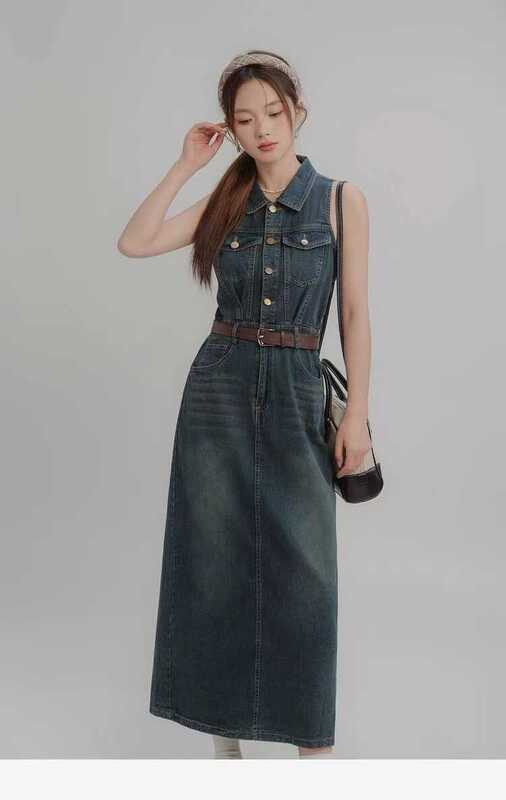 Elegant Lapel Over-The-Knee Denim Vest Dress for Women, Summer Hong Kong Style Blue Sleeveless Halter Neck Waist-Cinching A-Line Long Dress Elegant Lapel Over-The-Knee Denim Vest Dress for Women, Summer Hong Kong Style Blue Sleeveless Halter Neck Waist-Cinching A-Line Long Dress