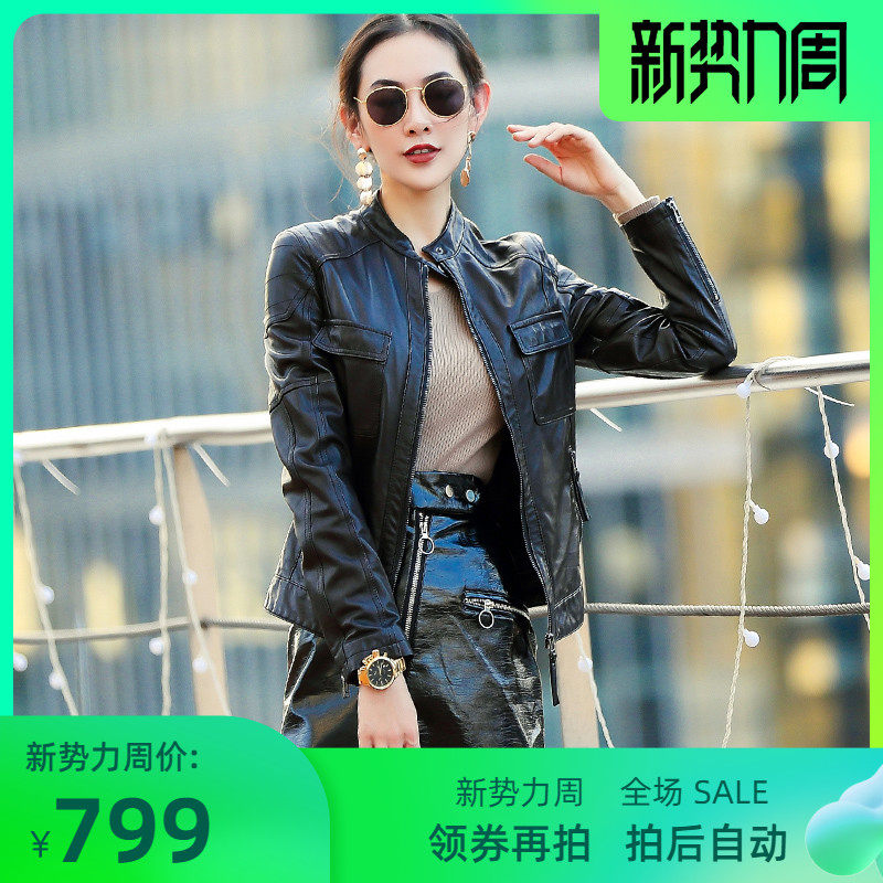 New spring and Autumn leather leather women's motorcycle round neck sheepskin slim-fit short leather jacket small leather jacket