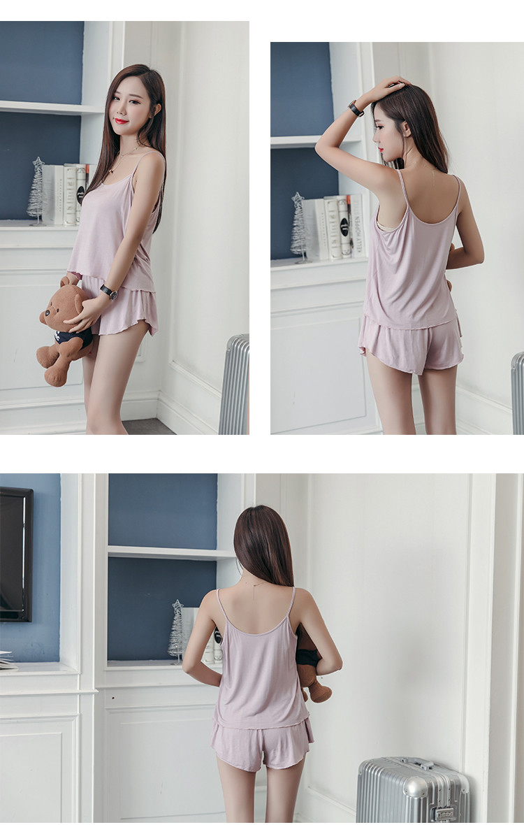 Bộ đồ ngủ nữ cotton mùa hè gợi cảm hai mảnh phù hợp với phần mỏng modal lỏng sling quần short chất béo MM kích thước lớn dịch vụ tại nhà - Bộ Pajama bộ pijama