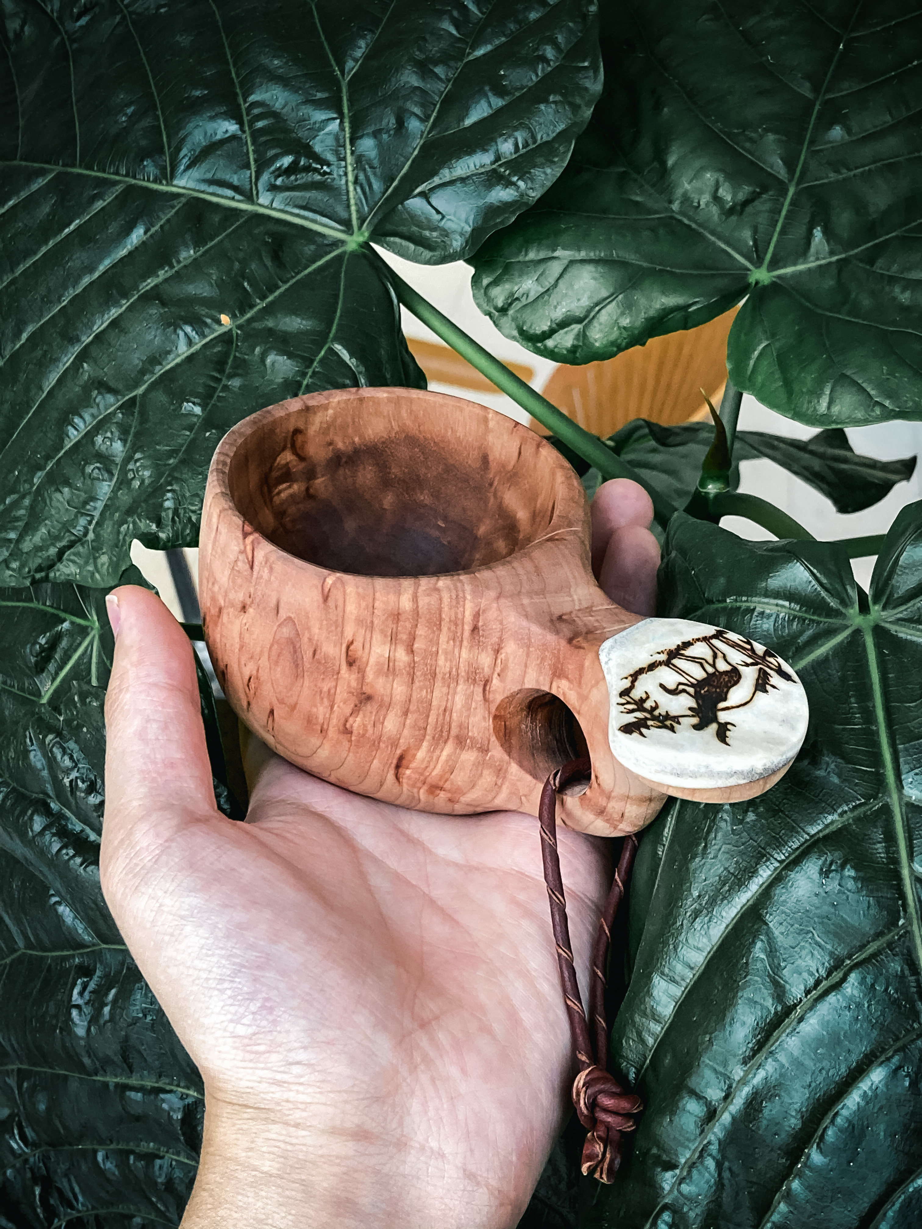 Finnish traditional bar mitzvah Outdoor coffee teacup Camping trip kuksa Rare birch tree tumor Deer bone handle