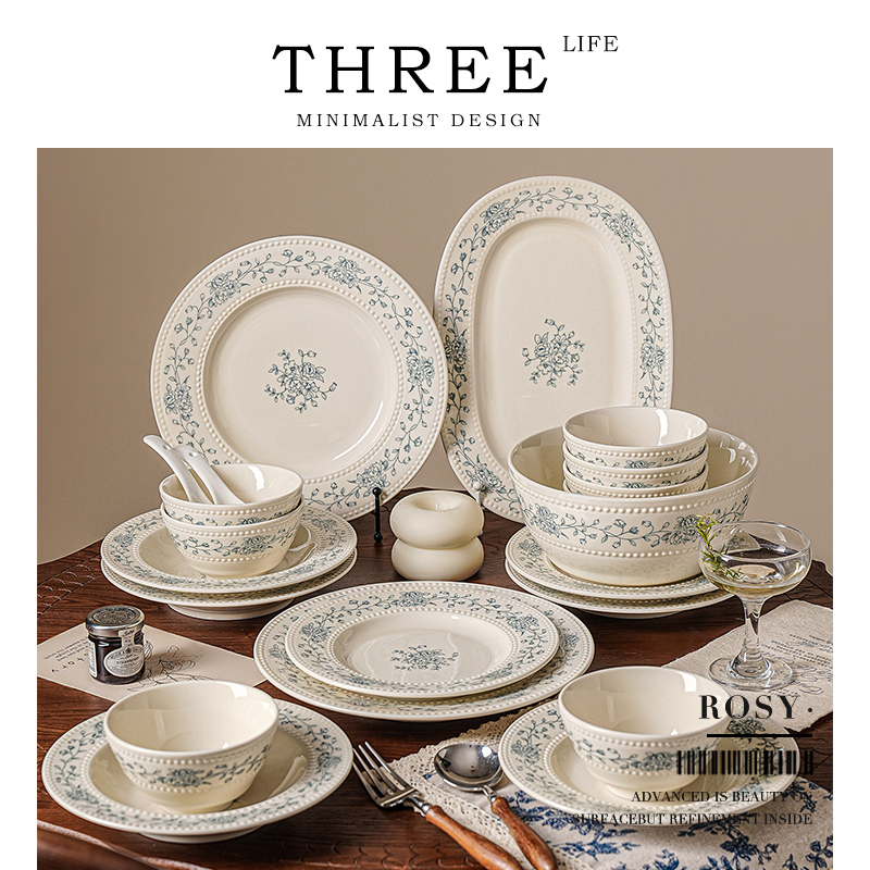 Tlife·Rosy·Ceramic Tableware Set for Home Use with Underglaze Color, Particularly Beautiful Bowls, Plates, and Chopsticks |   Blue Rose