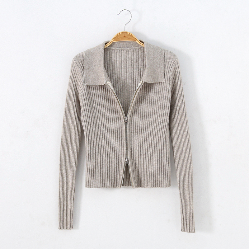 High-Waisted Short Polo Collar Knitted Cardigan Women's Jacket 21 Early Autumn New Slim Fit Double Zipper Lapel Top