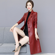 Leather leather women long 2021 autumn and winter New Korean slim slim size waist plus cotton windbreaker coat