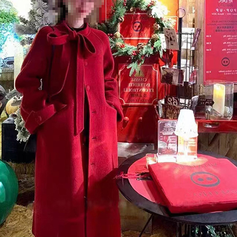 New Year's Coat, Wedding and Engagement Wool Coat, Bow Tie, Zodiac Year Red Double-Sided Woolen Coat, Women's Mid-Length Style