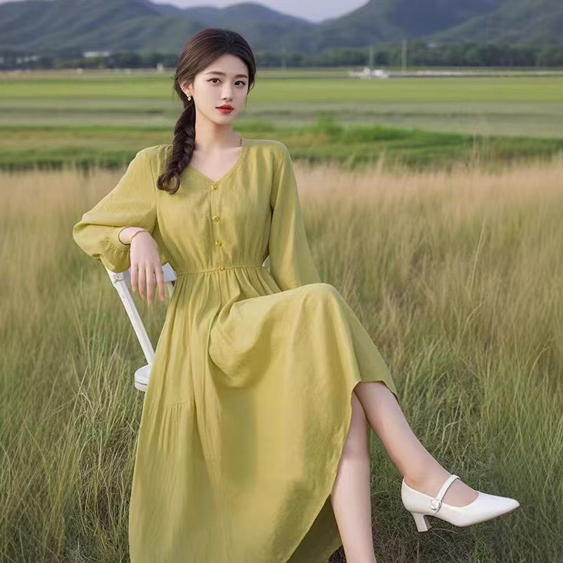 2025 Spring New Korean Style Fresh and Slimming Waist-Defining Fashionable Age-Reducing Avocado Green Long-Sleeve Dress for Women