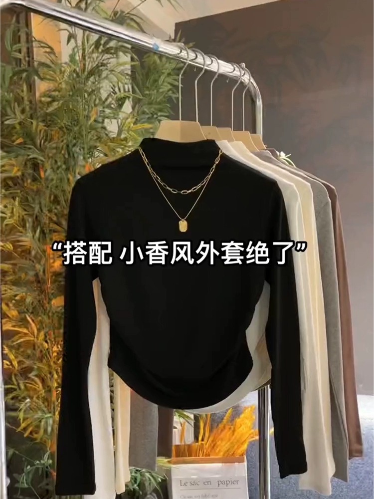 Autumn and winter half height collar slim and long sleeve T-shirt woman 2023 new close-up fold inside lap black base blouses-Taobao