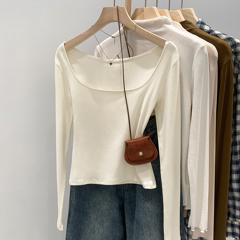 French-Style Square-Neck Pure Desire Style Brushed Inner T-Shirt for Women, Autumn Soft and Slim-Fitting, Revealing Collarbone, Long-Sleeve Top