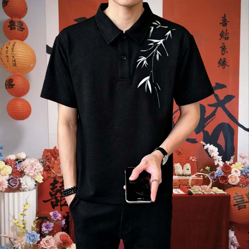 Handsome Little Dude Summer New Chinese Style National Trend Embroidered Short Sleeve Polo Shirt for Men, Breathable Engagement Set with Turn-Down Collar Half-Sleeve Clothing Handsome Little Dude Summer New Chinese Style National Trend Embroidered Short Sleeve Polo Shirt for Men, Breathable Engagement Set with Turn-Down Collar Half-Sleeve Clothing