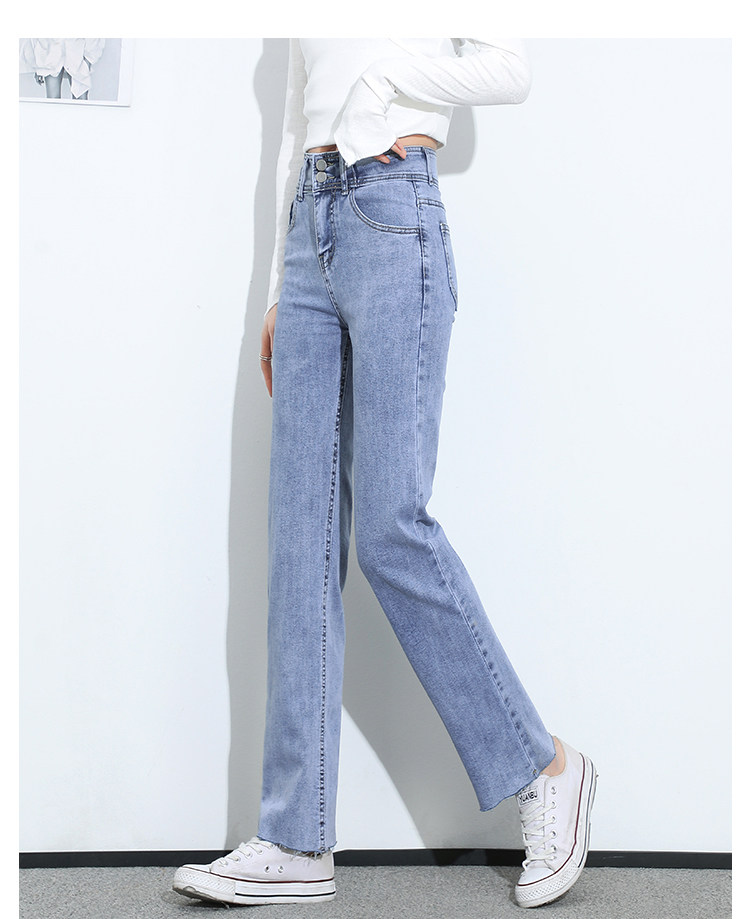 女式夏季薄款直筒牛仔长裤弹性修身带宽松毛边裤脚高腰显高腿长浅详情26