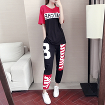 Trousers sports suit womens summer 2021 new short-sleeved cotton loose casual trend Western style thin two-piece set