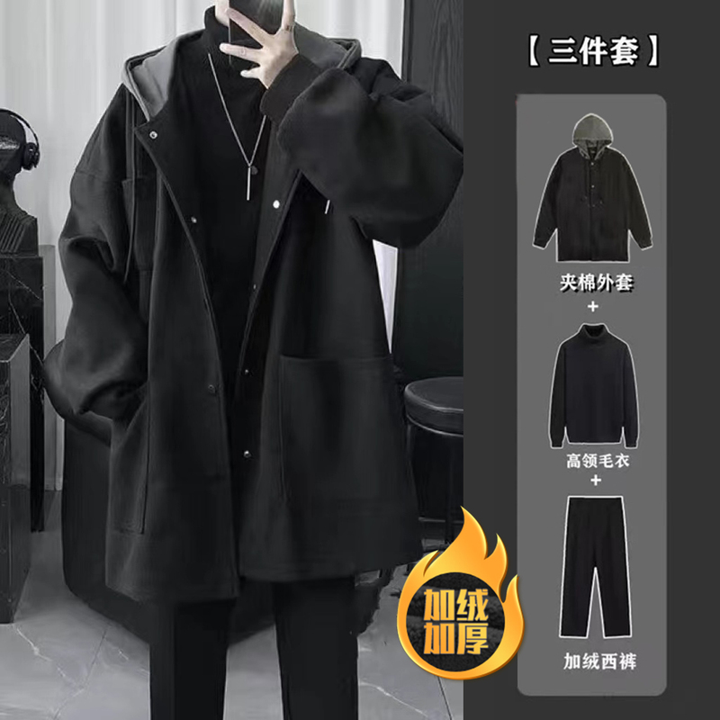 Hong Kong Style Autumn and Winter Three-Piece Men's Suit, Cool and Mature Style, Mid-Length Woolen Coat, High-End Men's Suit