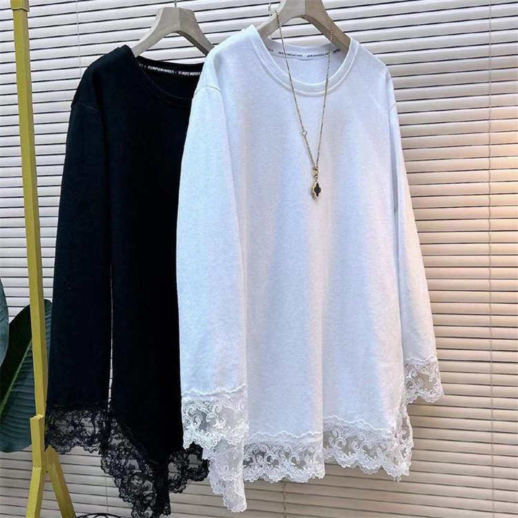 Spring and Autumn Clothing for Plus-Size Women, Large Size 150kg Long-Sleeved T-Shirt for Women, New Fashionable Versatile Lace Splicing Top That Covers the Body