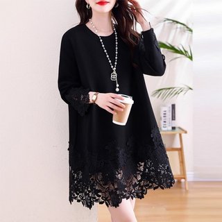 胖MM新款洋气宽松遮肉休闲显瘦上衣300斤大码纯色蕾丝长袖打底衫