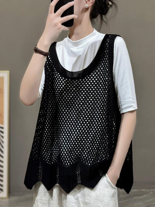 1.0-150kg Plus Size Ice Silk Knitted Vest for Women, Thin Summer Style, Can Be Worn with Camisole, Sleeveless Hollow Out Vest