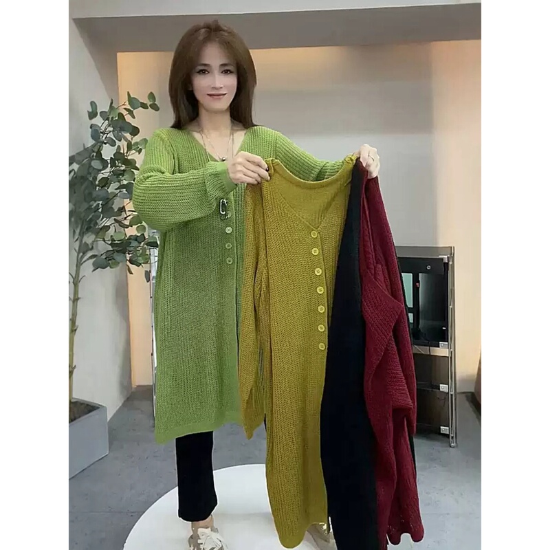150kg Extra Large Size Long-Sleeved Cardigan V Neck Knitwear Autumn and Winter Fat Girl Loose Age-Reducing Casual Knitwear That Covers the Flesh and Looks Slimming