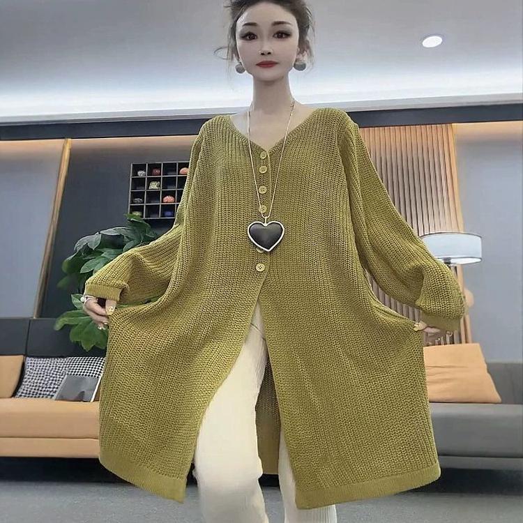 Plus Size 150kg Large Size Mid-Length Cover-Up Sun Protection Loose Versatile Solid Color Long-Sleeve Slit V-Neck Ice Silk Knit Top