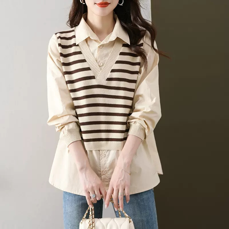 Striped Knitted Vest with Fake Two-Piece Shirt Design for Women, Autumn Plus Size 150kg Unique Design Shirt Striped Knitted Vest with Fake Two-Piece Shirt Design for Women, Autumn Plus Size 150kg Unique Design Shirt