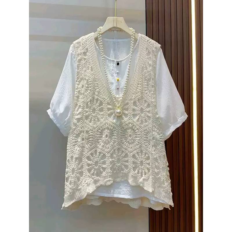 Plus-Size Mid-Length Sleeveless Hollow-Out Knit Vest 150kg Large Size Versatile Loose Simple Vest for Women