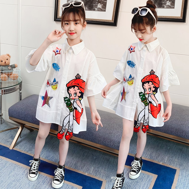 Girls summer loose shirt skirt 2023 new middle and big children Korean version little girl short-sleeved shirt all-match top tide