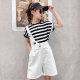 Girls summer suspenders suit 2023 new big boy Korean version fashionable girl striped one shoulder suspenders two-piece set