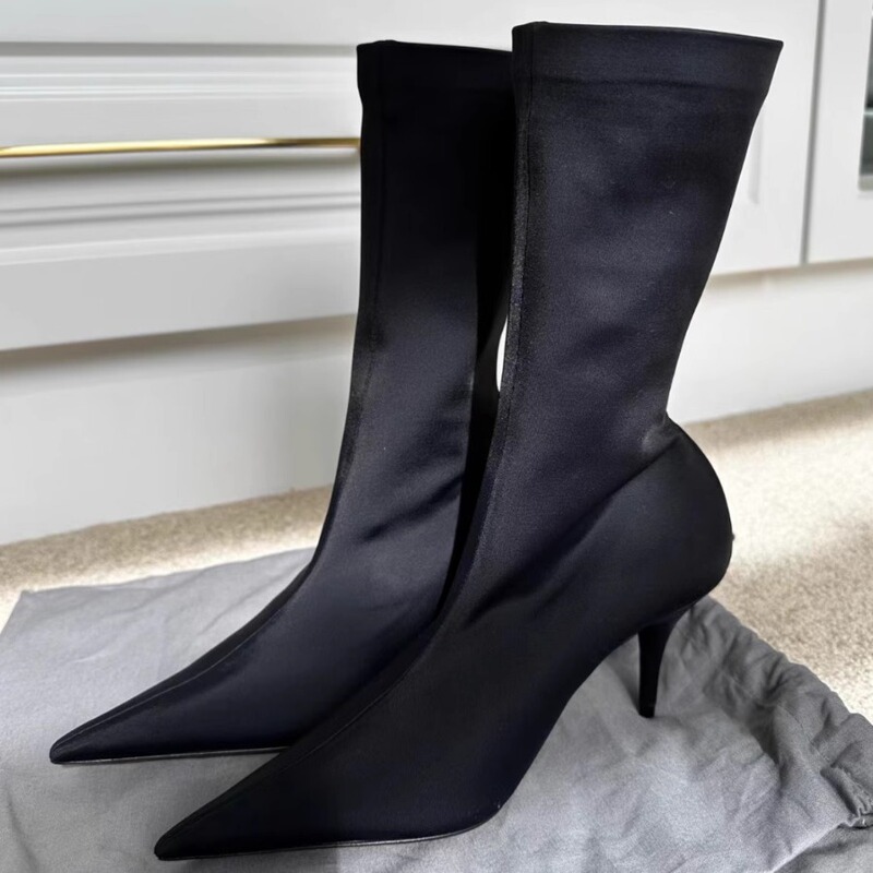 High-Heeled Sock Boots 2026 Spring and Winter New European Paris Show Stiletto Pointed Toe Short Boots Elastic Slim Boots Women's Shoes