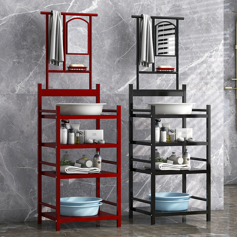 Old-Fashioned Floor-Standing Household Multifunctional Basin Stand for Washing Face and Hands in Rural Areas, Simple Bathroom Basin Stand with Mirror