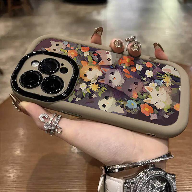 Телефон протектор объектива  适用于苹果15/16pro max手机壳可爱花丛小猫iphone14/13硅胶全包 Prseela