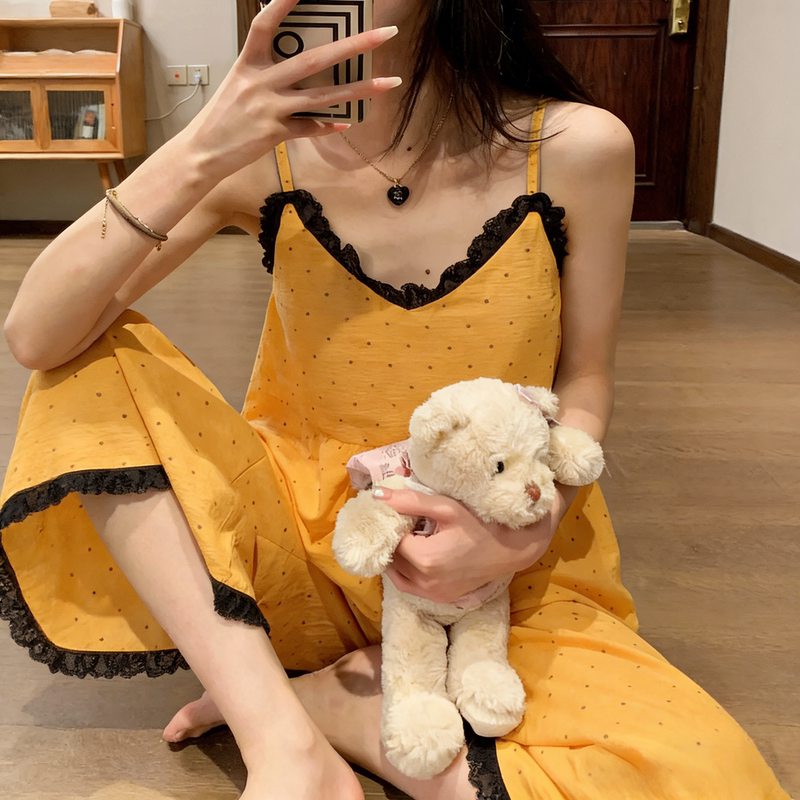 Sweet Style for Girls, Polka Dot Suspender Pants Pajama Set with Breast Pads, Summer Yellow Sleeveless Home Wear That Can Be Worn Outside