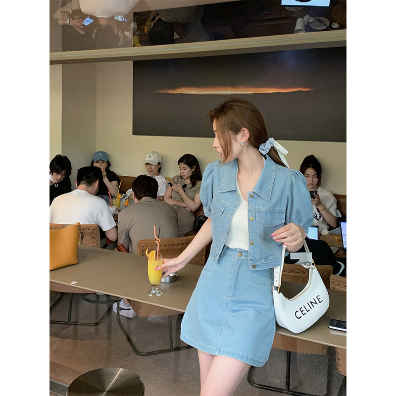 cchen Chen Chen_Retro denim suit women 2022 summer new age-reducing jacket half-length skirt two-piece set