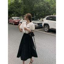 cchen Chen Chen_Black skirt womens summer new French retro mid-length a-line high waist slim umbrella skirt