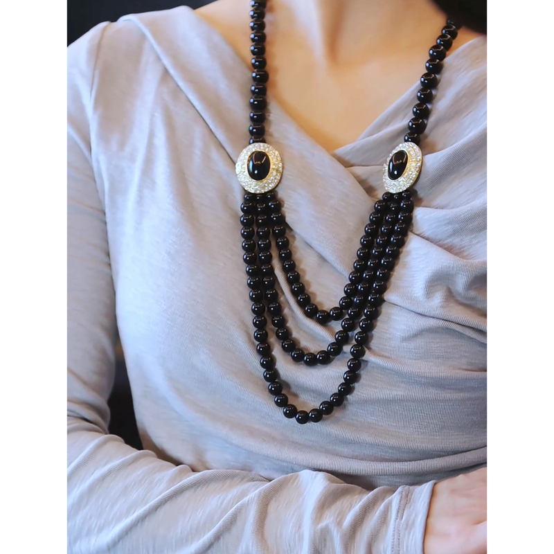 Vintage Black Onyx Three-Layer Beaded Long Chain Sweater Necklace with Rhinestone Pavé Jewelry