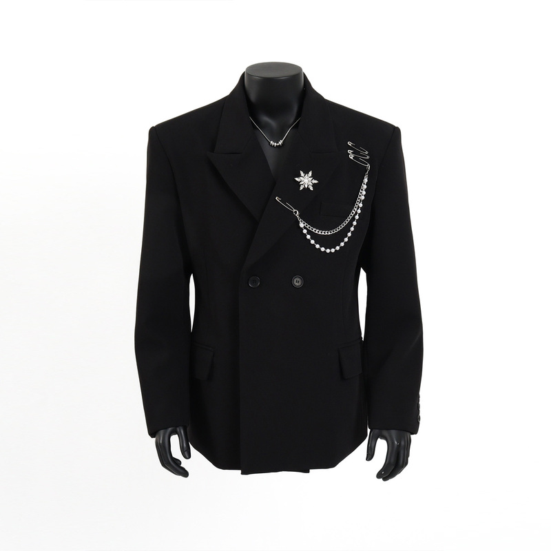 Starlit Sky Stylish Black Oversized Shoulder-Padded Blazer for Men, High-End Waist-Cinching Cool Suit Trend