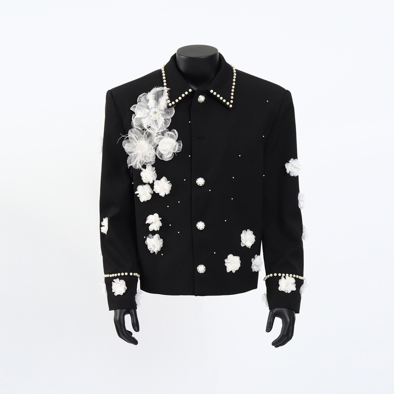 Starlit Sky Designer Three-Dimensional Floral Short Jacket for Men, Light Luxury Niche Beaded Shoulder-Padded Silhouette Jacket
