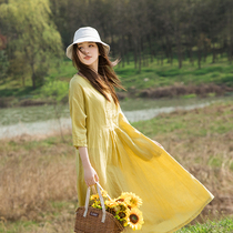 Original literary fresh pocket retro crew neck loose egg yolk long dress Fluffy hair ramie dress for women