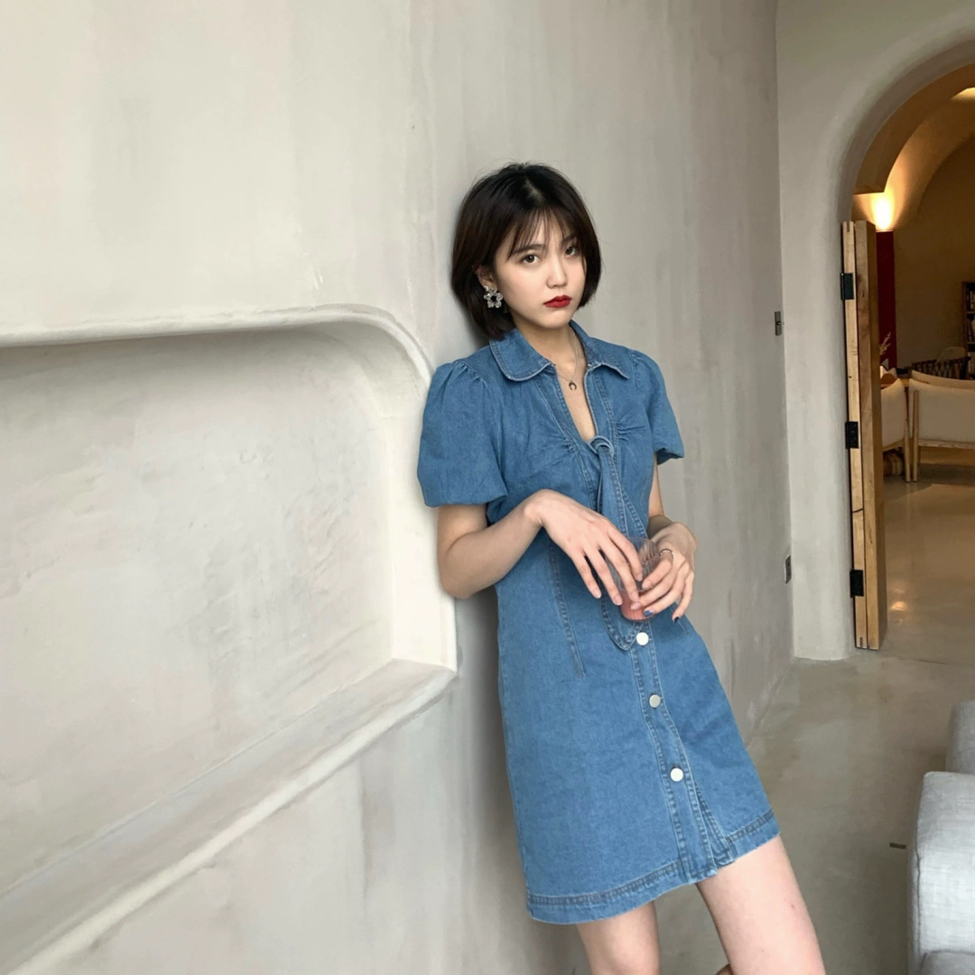 Váy denim eo cao a-line váy polo mùa hè 2020 nhóm nữ dịch vụ riêng tư nơ rỗng váy xanh - A-Line Váy