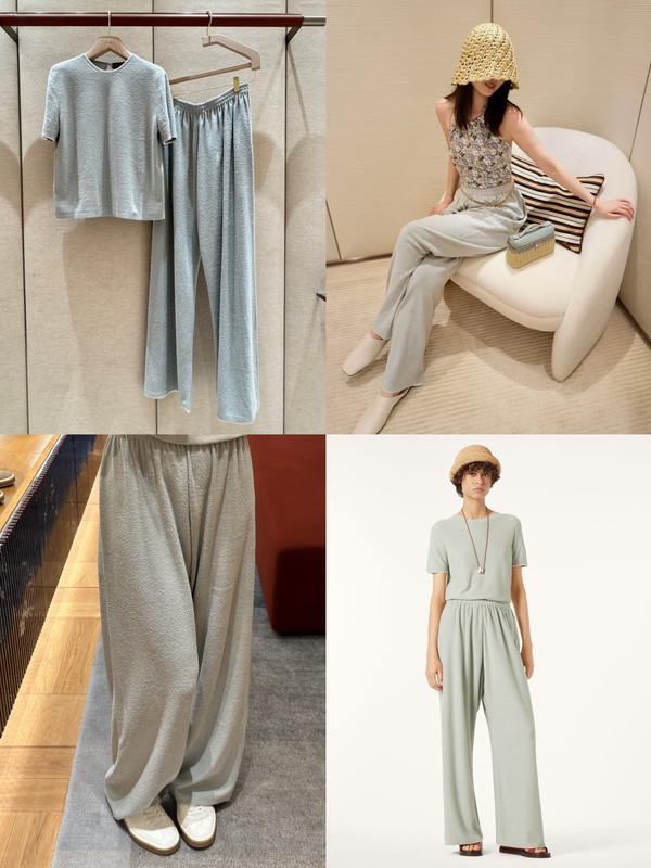 Misaaa Summer Lazy Set Lp Style Sage Mulberry Silk Loop Texture Knit Short-Sleeve Top + Wide-Leg Pants