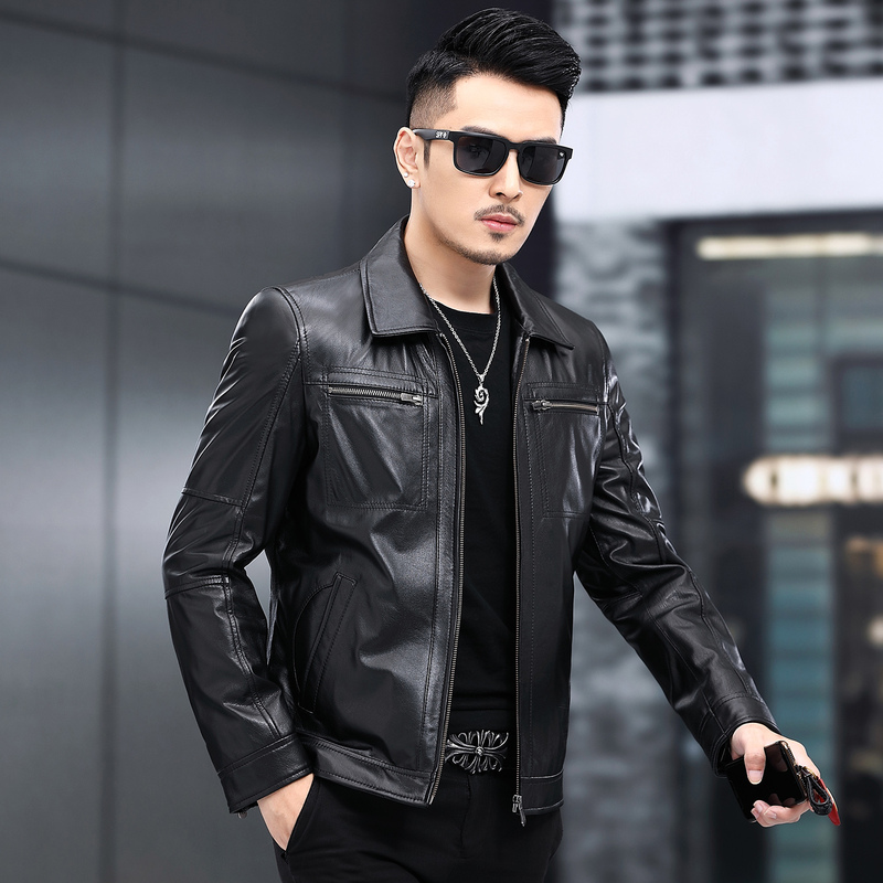 Genuine Leather Jacket for Men, Short, Slim Fit, First Layer Calfskin, Lapel, Middle-Aged, Spring and Autumn, Business Motorcycle Leather Jacket