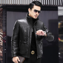 Leather down jacket men's short first layer leather leather winter large size padded jacket casual middle-aged collar jacket