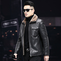 Fur-integrated male short head layer of cow leather wool liner leather jacket turd collar winter zipped leather clothing jacket