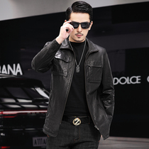 Haining leather men's long lapel slim first layer oil wax calf leather zipper jacket spring and autumn coat
