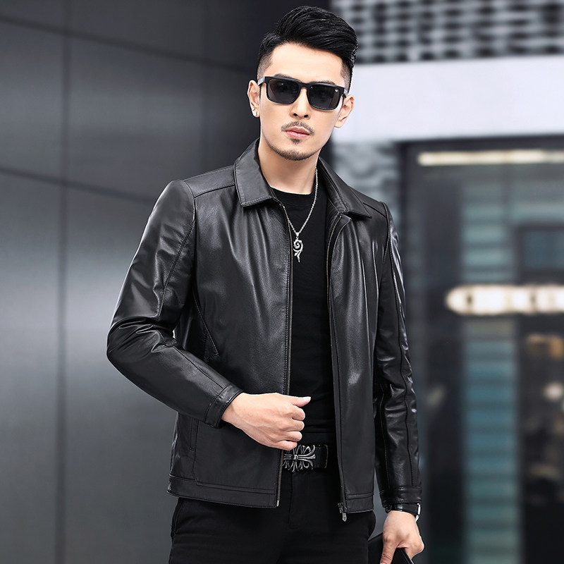 Henning genuine leather leather clothes men's single leather short section Loose Head Layer Fetal Bull Leather Turnover Locomotive Leather Jacket Spring Autumn Season Jacket