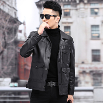 Leather leather men's short imported first layer calf leather large size loose lapel button large pocket leather jacket coat