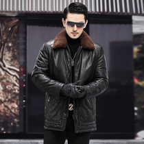 Leather Down Jacket Men's Medium and Long Dock Layer Oil Wax Cowhide Warm Winter Lapel Haining Leather Coat
