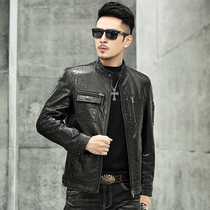 Leather leather men's short imported oil wax calf leather 2021 new collar slim leather jacket motorcycle coat