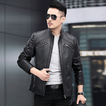 Motorcycle leather men's leather short collar first layer calf leather Haining 2021 new spring and autumn zipper pocket coat