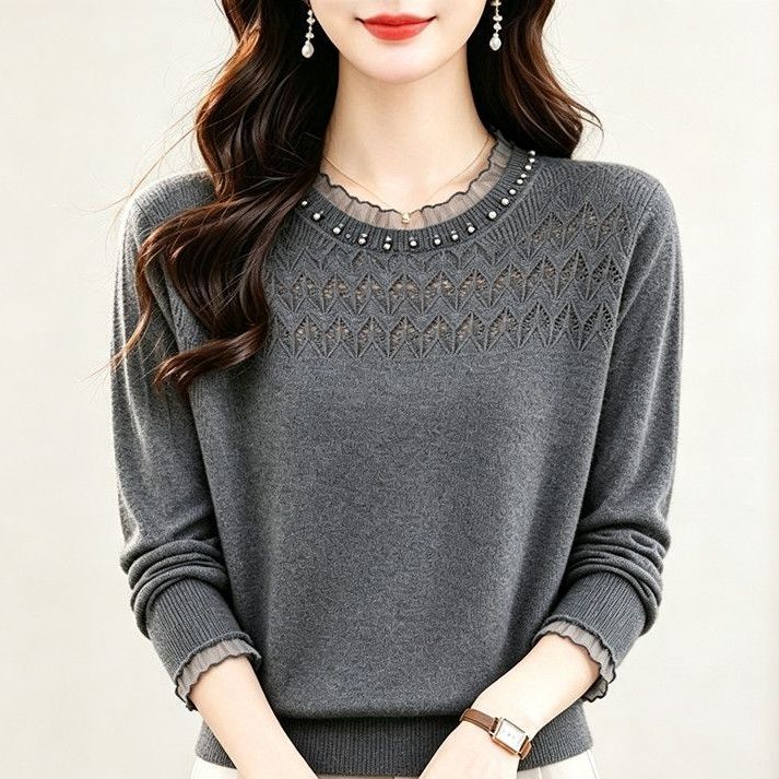 Pearl Spring and Autumn Thin Knit Sweater for Women, New Stylish Spring Lace Top, Loose Base Sweater for Older Women Pearl Spring and Autumn Thin Knit Sweater for Women, New Stylish Spring Lace Top, Loose Base Sweater for Older Women